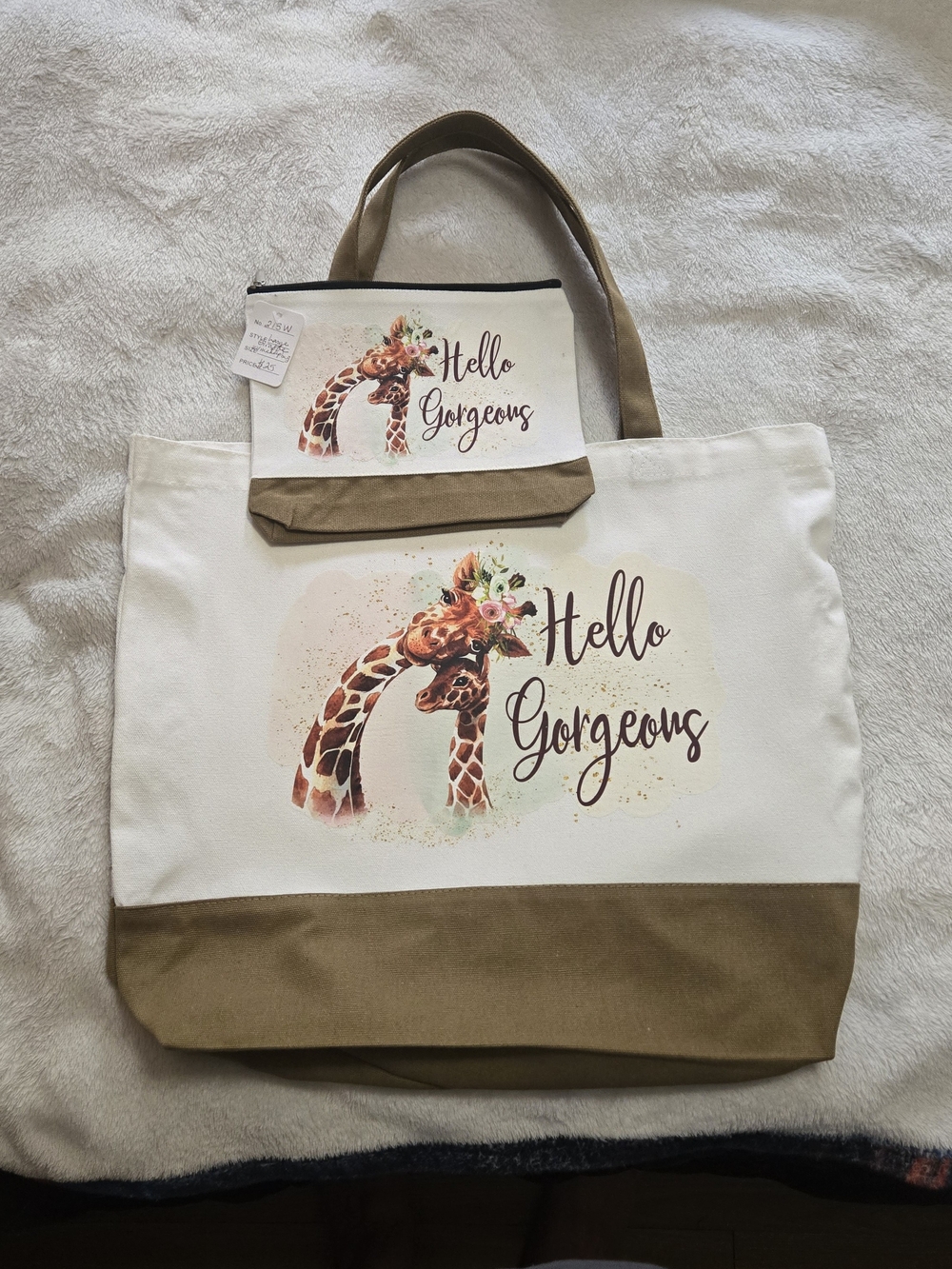 Hello Gorgeous Giraffe Canvas Tote Bag with Matching Pouch - Cream & Tan